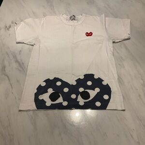 Comme des Garcons White Tee with Red Heart and Blue Polka Dots